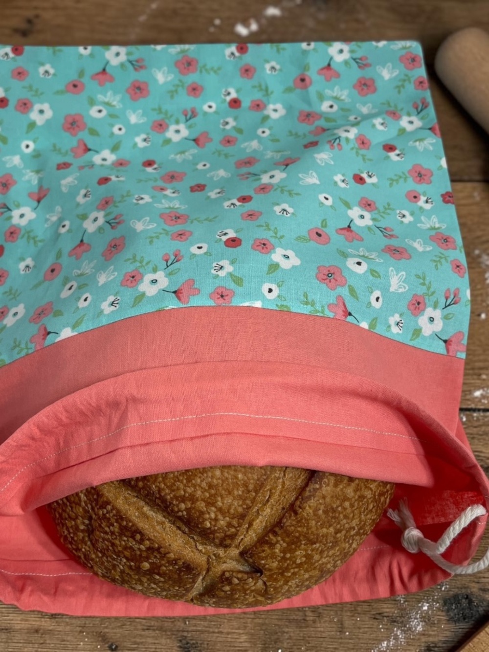 Teal & Peach Floral Bread Bag, Handmade Reusable Cotton Bread Storage Bag